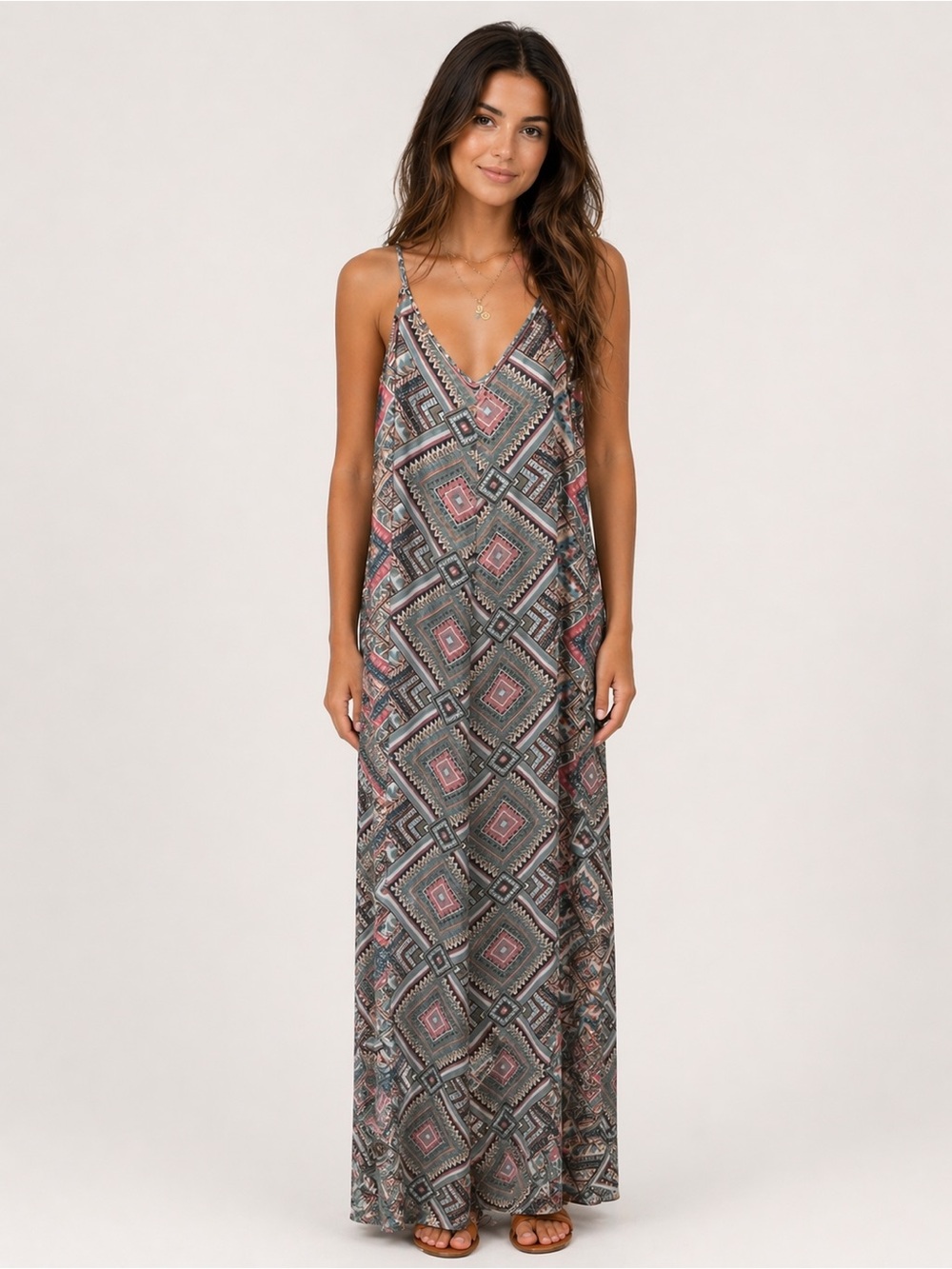 Sleeveless V-Neck Geo Print Maxi Dress in Pink & Gray